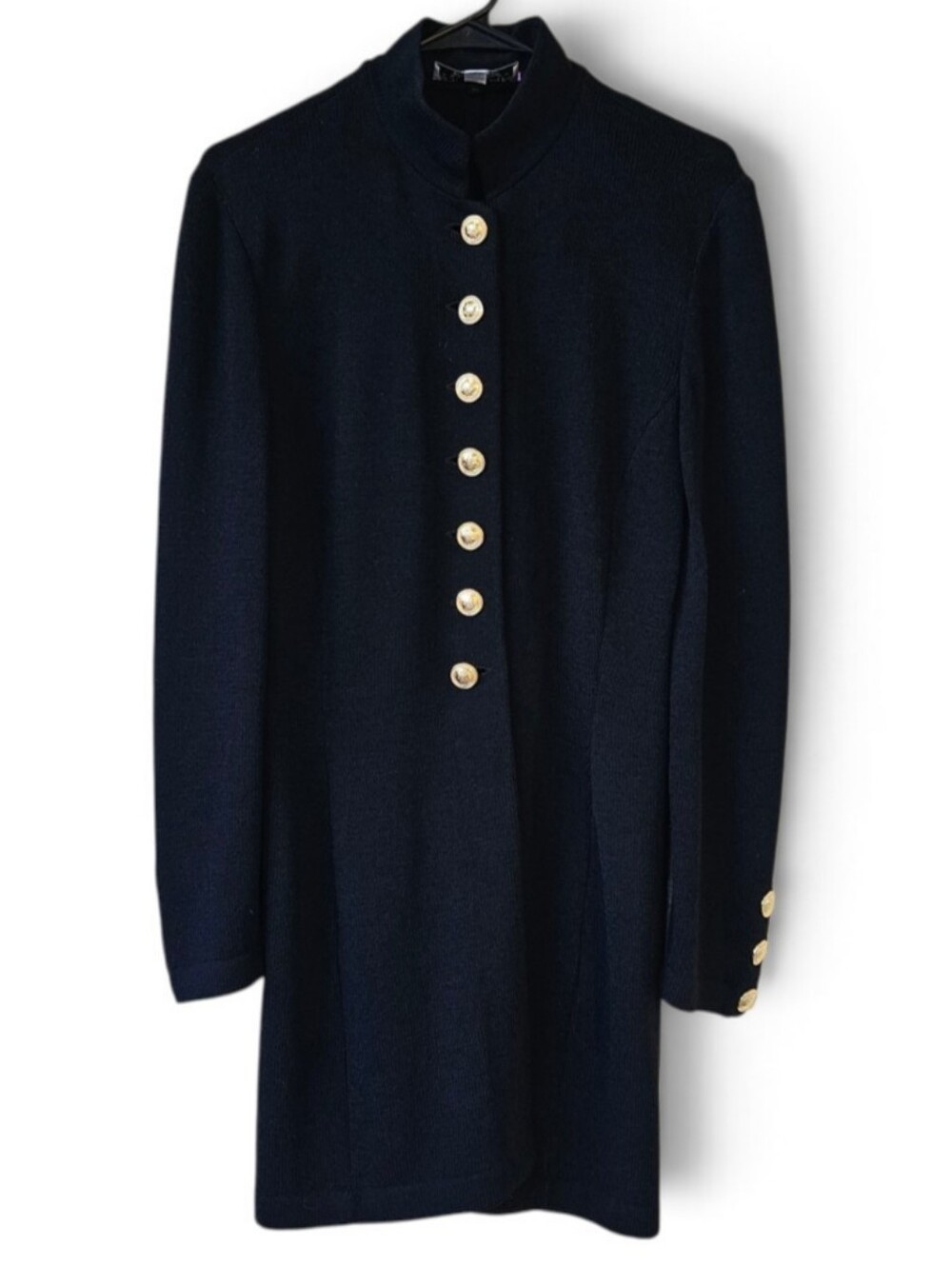 St. John Collection Knit Longline Blazer Mock Neck Signature Gold Button Size 8